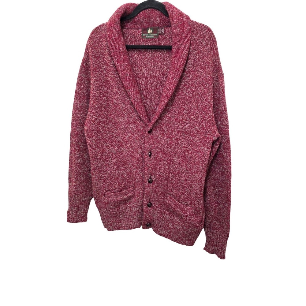 VTG High Sierra Red & Gray Shawl Collar Chunky Knit Cardigan Sweater‎ Men L Wool